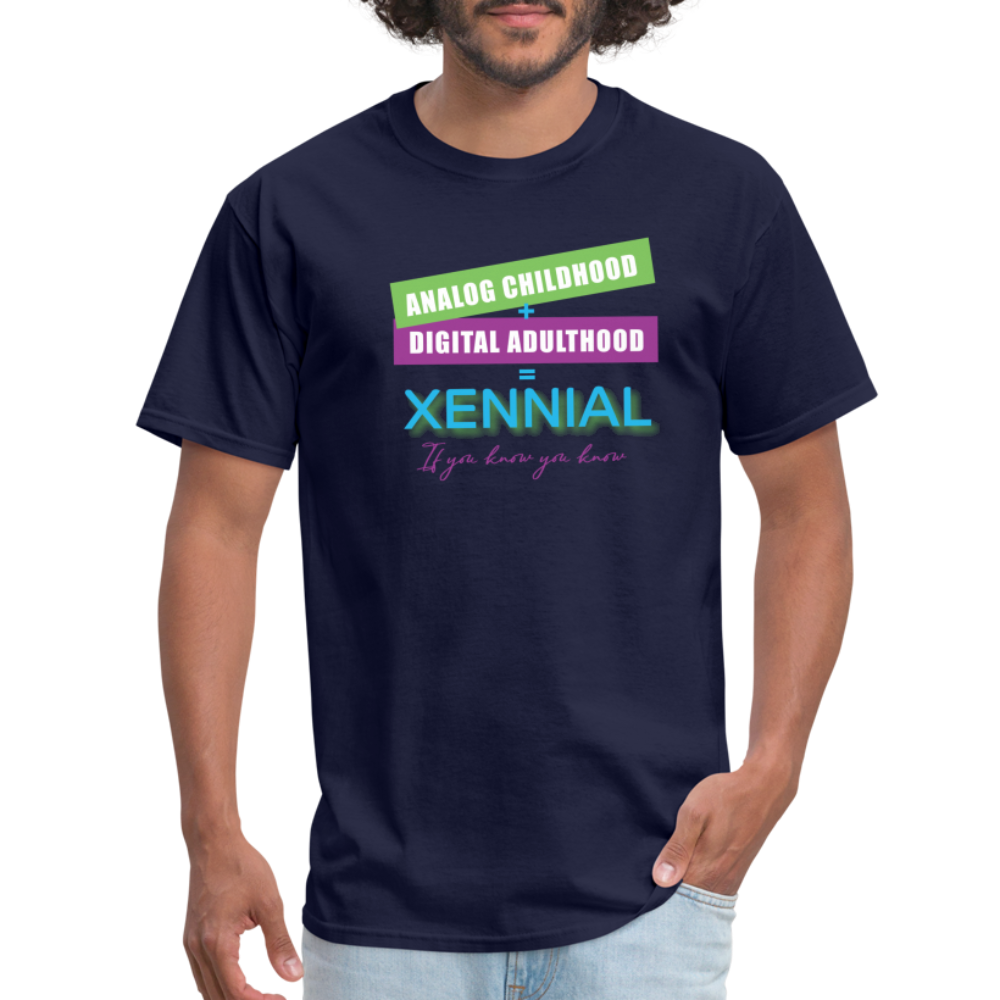 Analog childhood + Digital Adulthood Xennial T-Shirt - navy