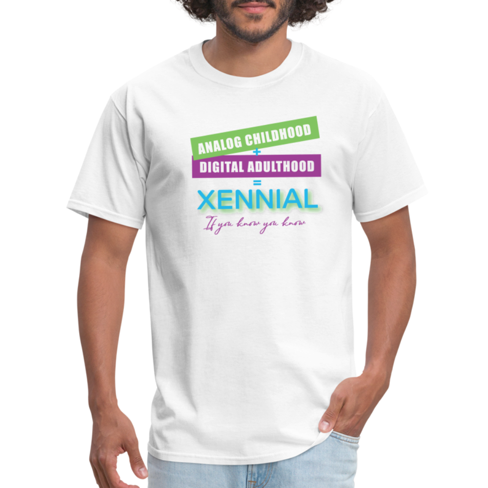 Analog childhood + Digital Adulthood Xennial T-Shirt - white