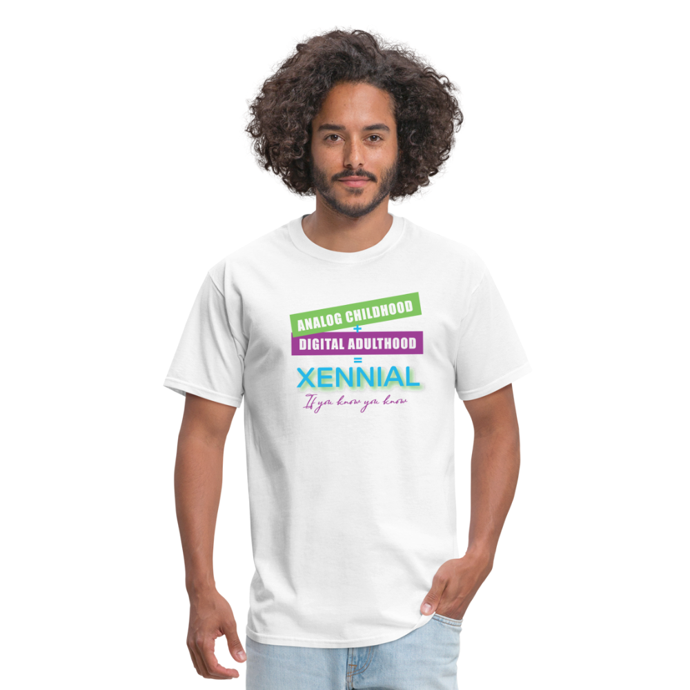Analog childhood + Digital Adulthood Xennial T-Shirt - white
