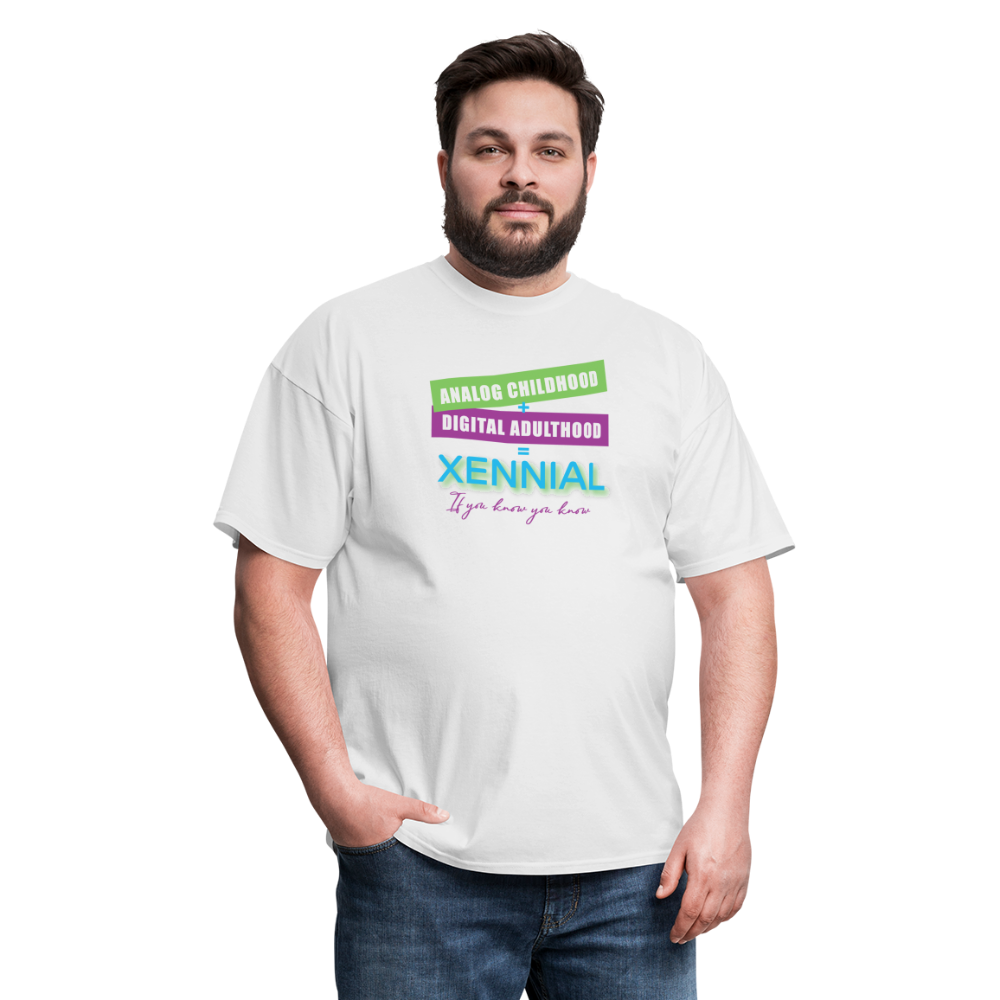 Analog childhood + Digital Adulthood Xennial T-Shirt - white