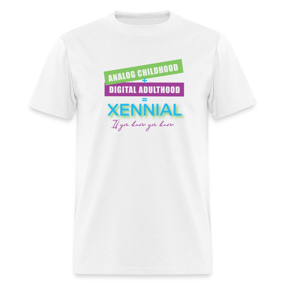 Analog childhood + Digital Adulthood Xennial T-Shirt - white