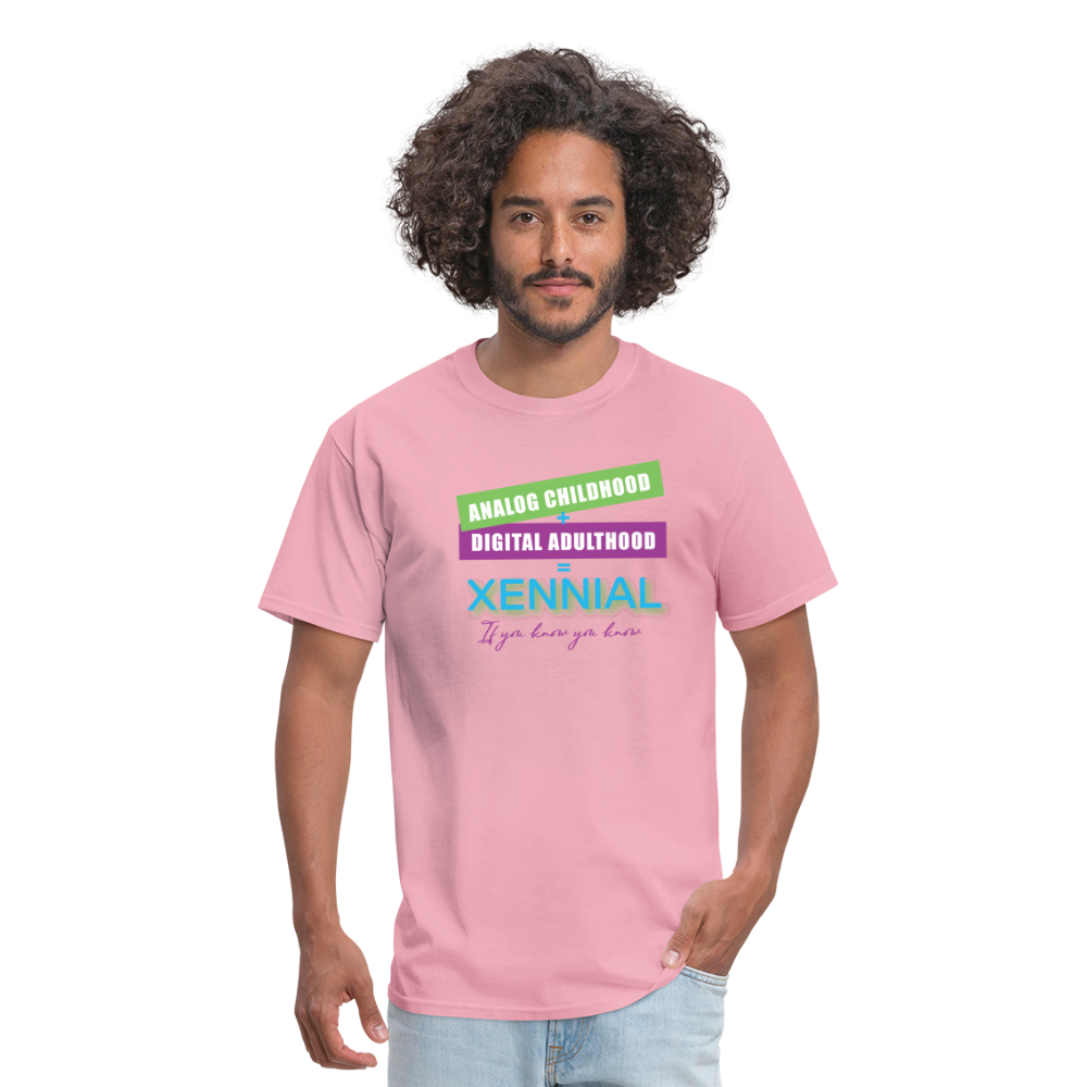 Analog childhood + Digital Adulthood Xennial T-Shirt - pink