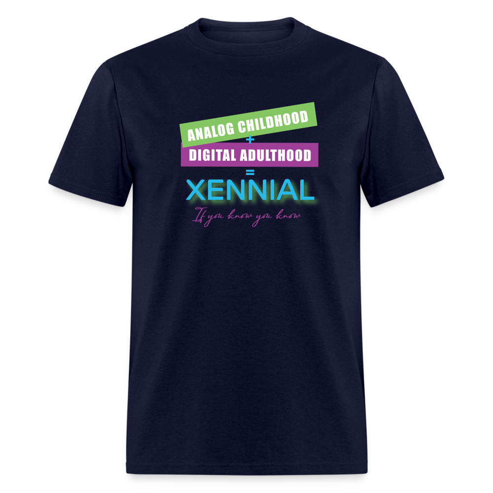 Analog childhood + Digital Adulthood Xennial T-Shirt - navy