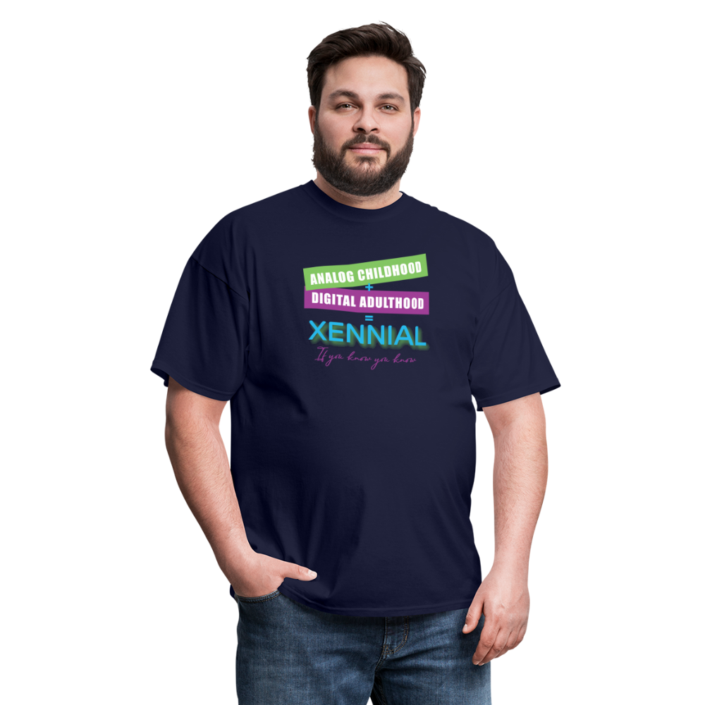 Analog childhood + Digital Adulthood Xennial T-Shirt - navy