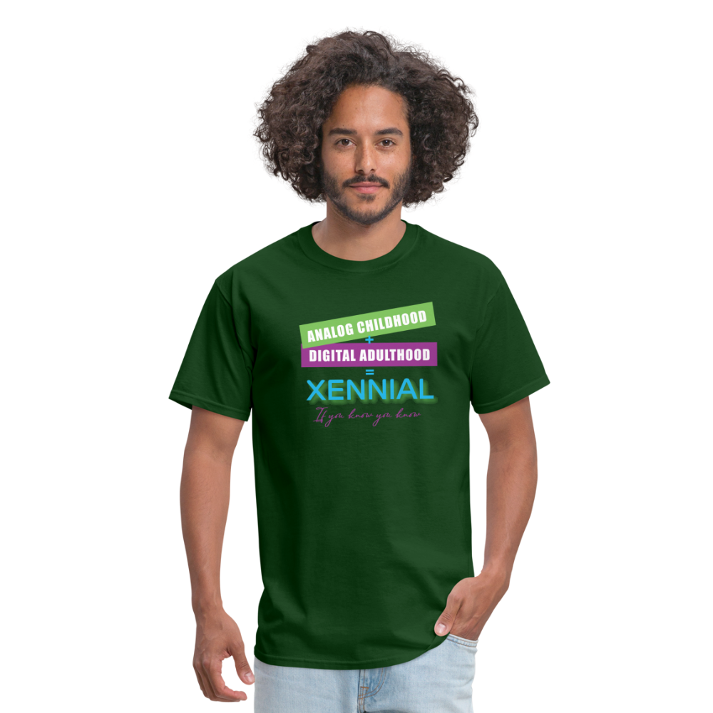 Analog childhood + Digital Adulthood Xennial T-Shirt - forest green
