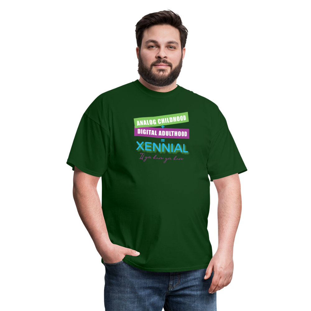 Analog childhood + Digital Adulthood Xennial T-Shirt - forest green
